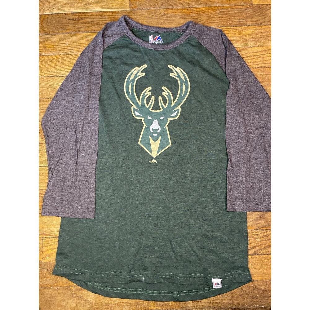 Milwaukee Bucks Majestic 3/4 Sleeve Shirt Mens Large Green Gray NBA Raglan Tee